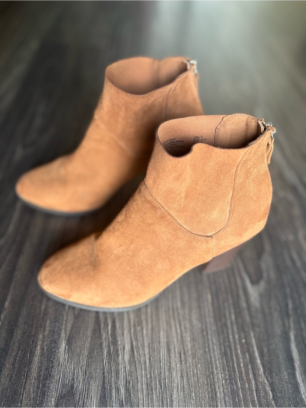 Suede Ankle Booties in Cognac Brown with Back Zip